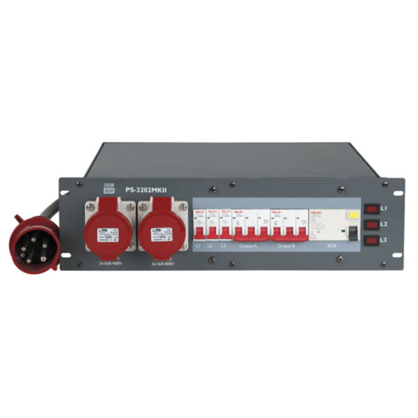 SHOWTEC PS-3202 MKII - Distribuidor de Corriente eléctrica Entrada CEE de 32A @ 2x salidas CEE de 16A +  6x Schuko