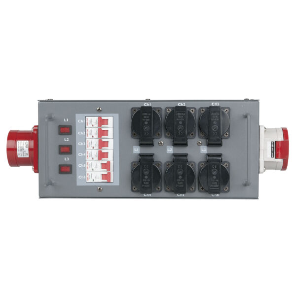 SHOWTEC POWERSPLIT 32A - Distribuidor de Corriente con Fusible in/out CEE 32A / 6x Schuko