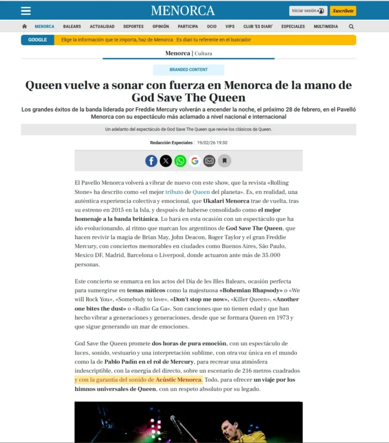 recorte de periódico Diario de Menorca de Tributo a Queen 2026 donde se menciona la gran calidad de sonido de los equipos de Acustic Menorca